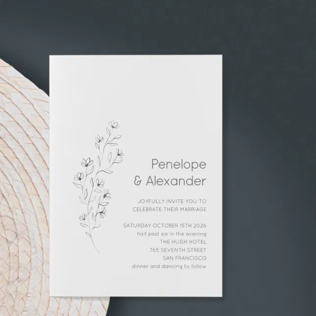 Minimalist Modern Floral Sketch Elegant Wedding Invitation | Zazzle