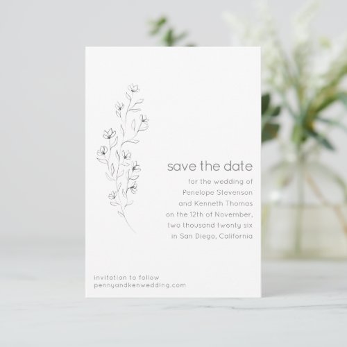 Minimalist Modern Floral Sketch Elegant Wedding  Save The Date