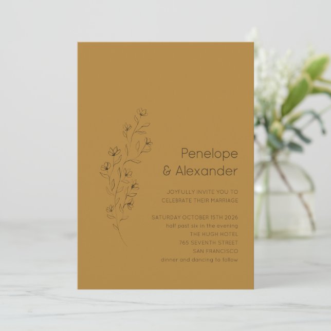 Minimalist Modern Floral Sketch Mustard Wedding Invitation (Standing Front)