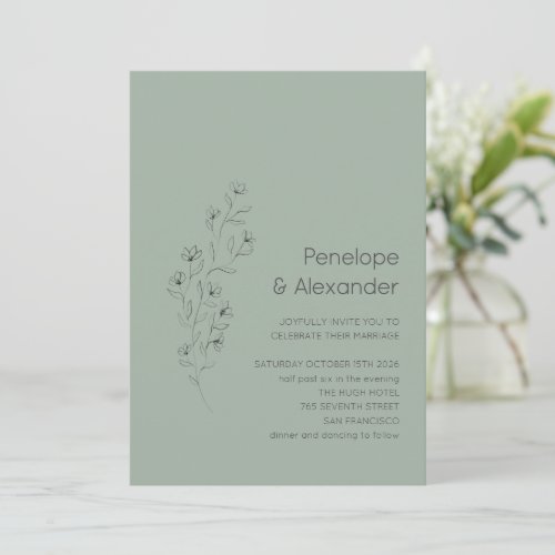 Minimalist Modern Floral Sketch Sage Green Wedding Invitation