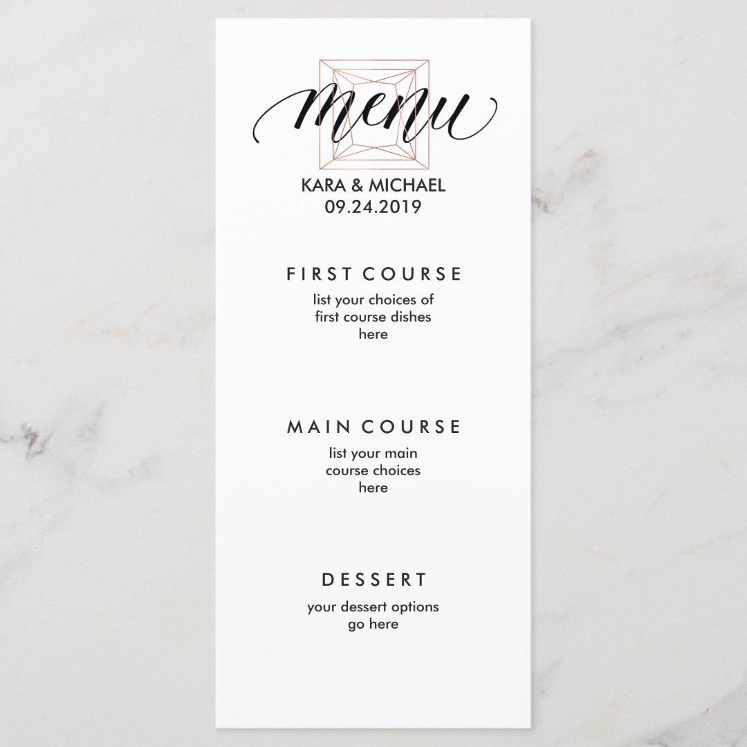 Minimalist Modern Geometric Diamond Wedding Menu | Zazzle