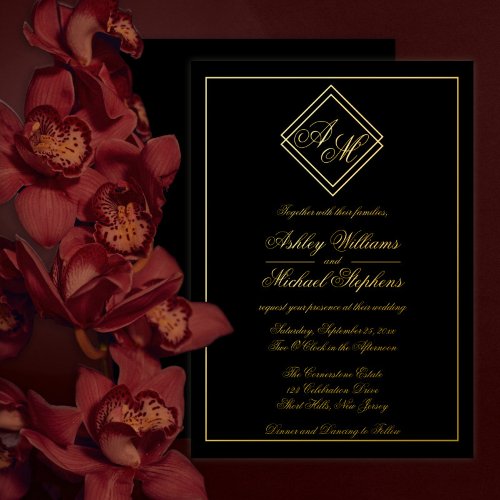 Minimalist Modern Geometric Monogram Wedding Black Foil Invitation