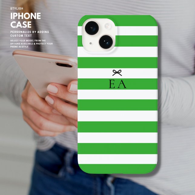 Minimalist Modern Girly Green Stripe Bow Initials Case-Mate iPhone Case (Creator Uploaded)