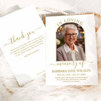 Minimalist Modern Gold Arch Photo Funeral Memorial Thank You Card