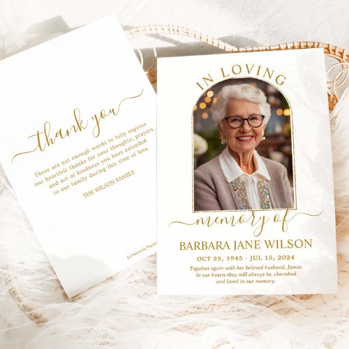 Minimalist Modern Gold Arch Photo Funeral Memorial Thank You Card
