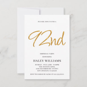 Minimalist Modern Gold Calligraphy 92nd Birthday Invitation