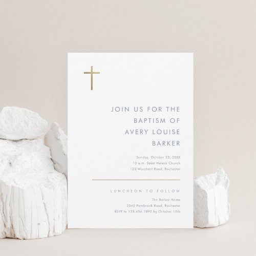  Minimalist Modern Gold Cross Baptism Invitation