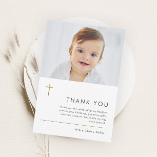 Minimalist Modern Gold Cross Photo Baptism Thank You Card