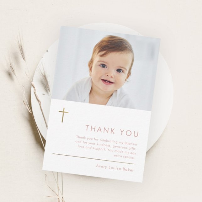 Minimalist Modern Gold Cross Photo Baptism Thank You Card (Creator Uploaded)