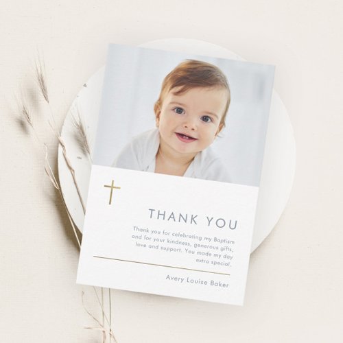 Minimalist Modern Gold Cross Photo Baptism Thank You Card