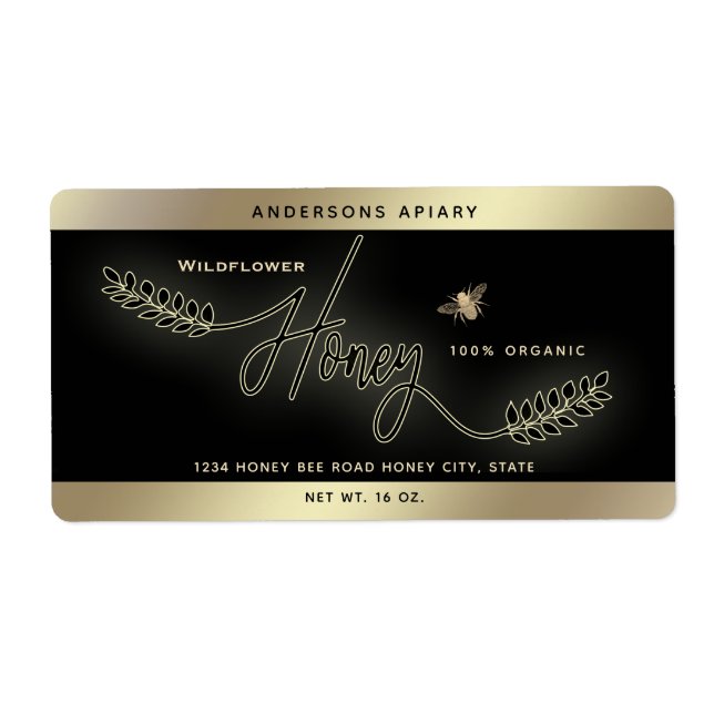 Minimalist Modern gold honey branch bee  jar   Label (Front)