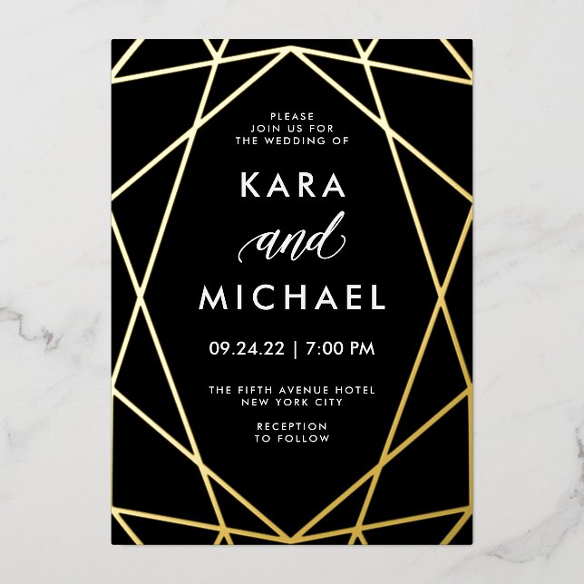Minimalist Modern Gold on Black | Wedding Foil Invitation (Front)