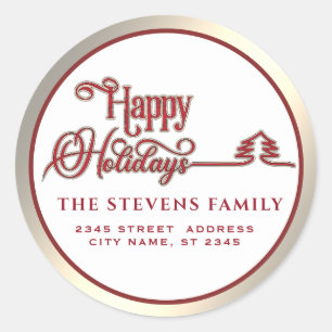 Minimalist modern gold red script Happy Holidays  Classic Round Sticker