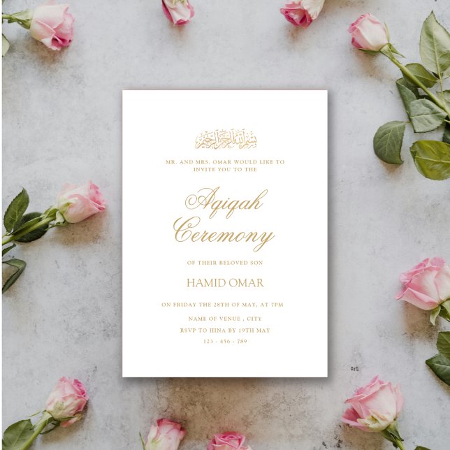 Minimalist Modern Gold Script Baby Aqiqah Ceremony Invitation (Creator Uploaded)