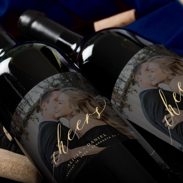 Minimalist modern gold script cheers photo wedding wine label (Creator Uploaded)