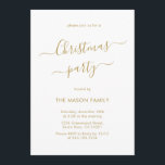 Minimalist Modern Gold Script Christmas Party Invitation<br><div class="desc">Chic Modern Calligraphy Script Minimalist Gold and White Christmas Party Invitations is perfect for a simple Christmas event. Features an elegant „Christmas Party” text in a beautiful hand lettered swirly swash-tail font script in gold on white background. Easy to personalize with your name and party details.</div>