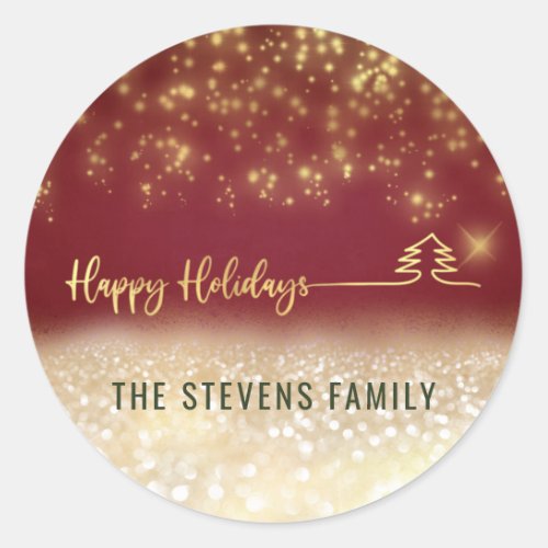 Minimalist modern gold script Happy Holidays red Classic Round Sticker