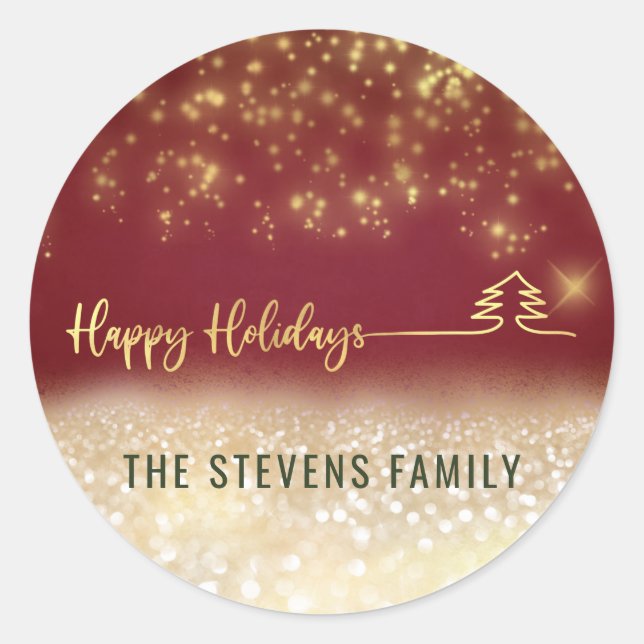 Minimalist modern gold script Happy Holidays red Classic Round Sticker (Front)