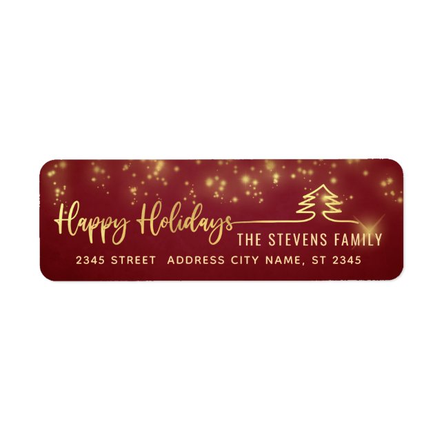 Minimalist modern gold script Happy Holidays red Label (Front)