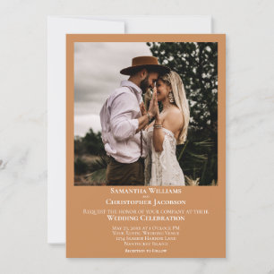 Minimalist Modern Golden Tan Photo Wedding Invitation