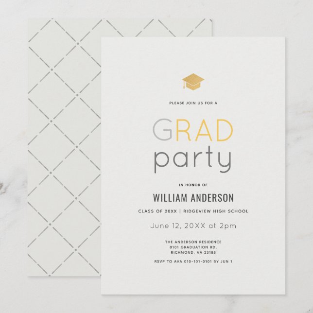 Minimalist Modern Gray Gold Graduation Party Invitation (Front/Back)