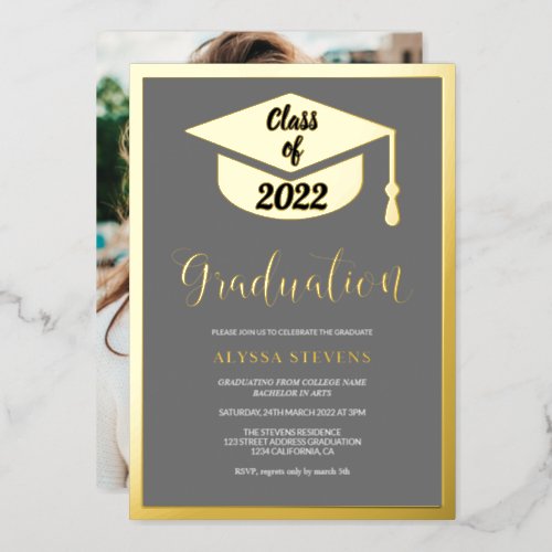 Minimalist modern gray gold graduation photo foil invitation