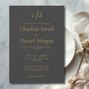 Minimalist modern gray gold wedding invitation