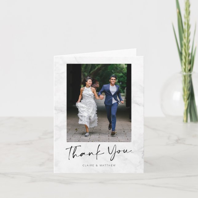 Minimalist Modern Gray Marble Personalized Photo Thank You Card (Front)