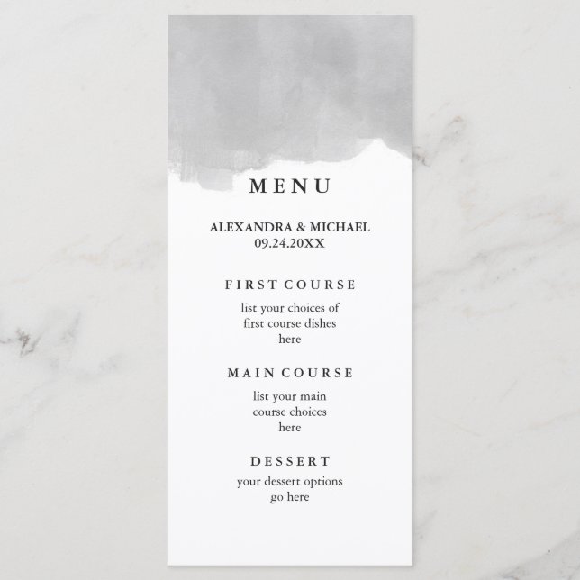 Minimalist Modern Gray Watercolor Wedding Menu (Front)