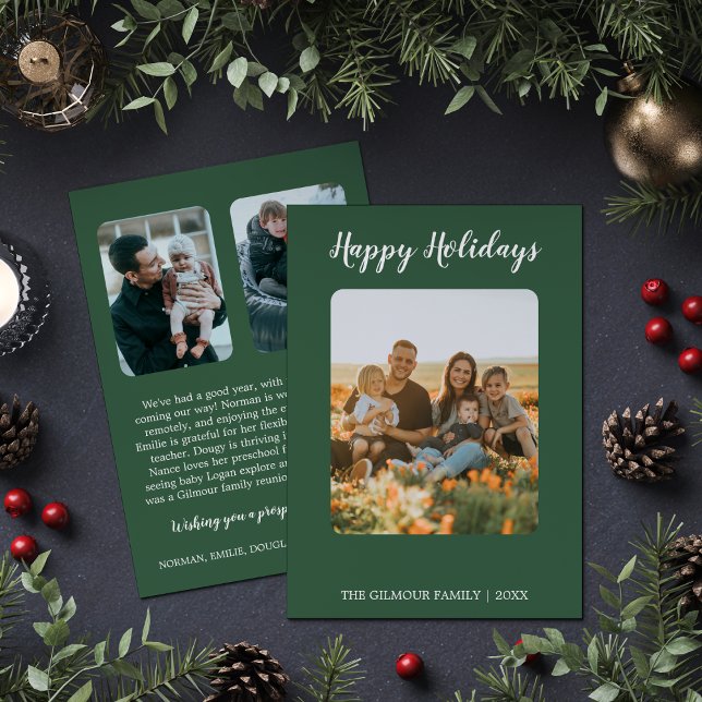 Minimalist Modern|Green 3Photo Happy Holidays News Holiday Card (Creator Uploaded)