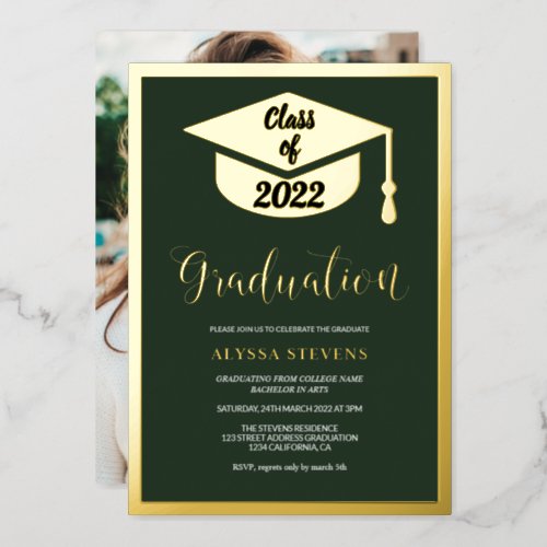 Minimalist modern green gold graduation photo foil invitation
