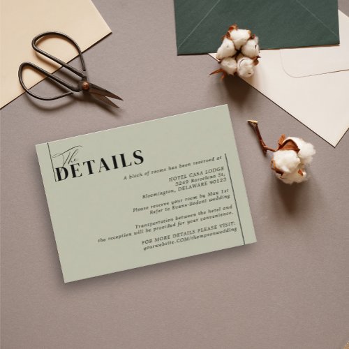 Minimalist Modern Green Sage Wedding Details Enclosure Card