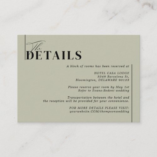 Minimalist Modern Green Sage Wedding Details Enclosure Card