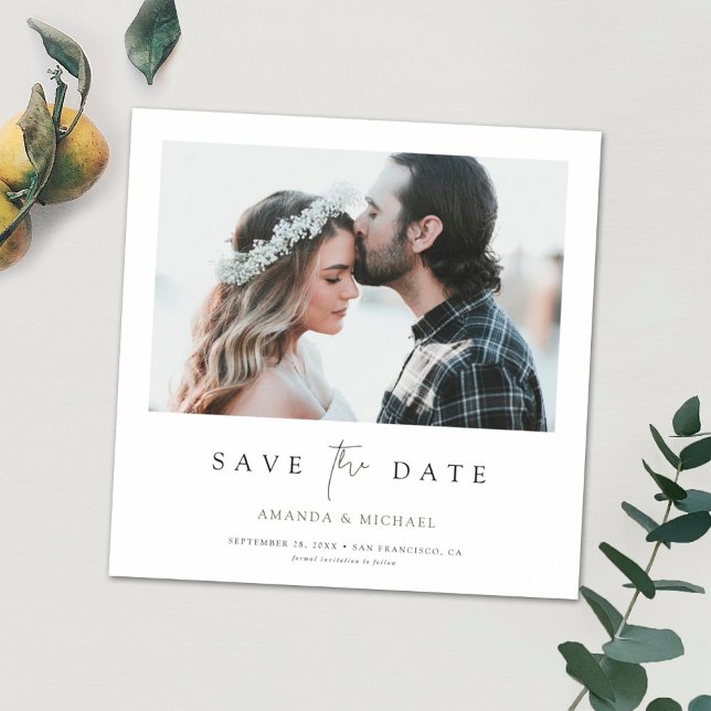 Minimalist Modern Green Text Photo Save the Date Magnetic Invitation (Creator Uploaded)