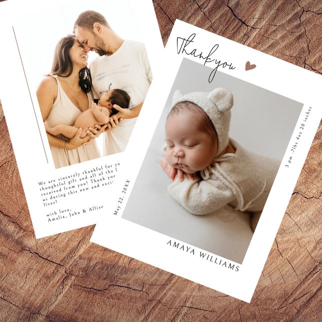 Minimalist Modern Hand-writing 2 Photo New Baby Thank You Card (Creator Uploaded)