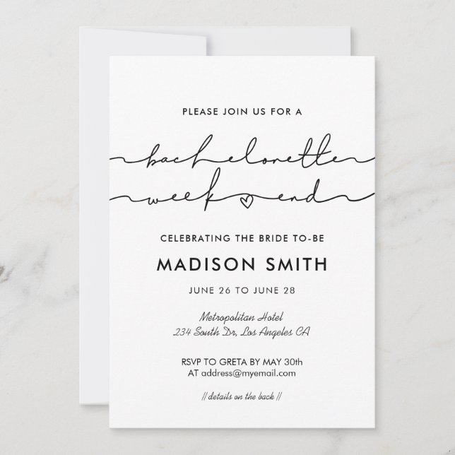 Minimalist modern handwritten Bachelorette weekend Invitation (Front)