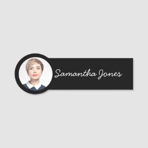 Minimalist Modern handwritten script photo Black Name Tag