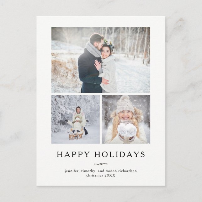 Minimalist Modern Happy Holidays | Three Photos Holiday Postcard (Front)