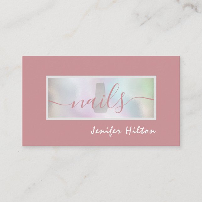 Minimalist  modern holographic nail salon QR code Business Card (Front)