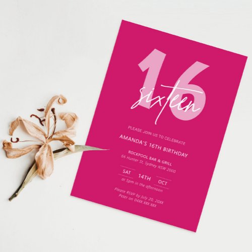 Minimalist Modern Hot Pink 16th Birthday Party Invitation