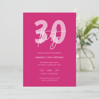 Minimalist Modern Hot Pink 30th Birthday Party Invitation | Zazzle