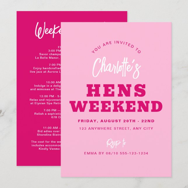 Minimalist Modern Hot Pink Hens Weekend Itinerary Invitation (Front/Back)