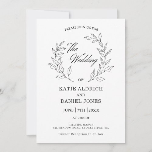 Minimalist Modern Leaves Black White Wedding  Invitation