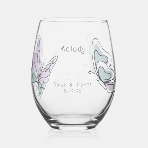 Minimalist Modern Lilac and Dusty Blue Butterfly Stemless Wine Glass