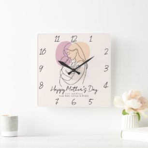 Minimalist Modern Line Art Mom & Baby Mother’s Day Square Wall Clock