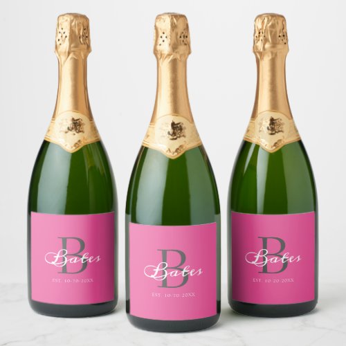 Minimalist Modern Magenta Pink Monogram Wedding Sparkling Wine Label
