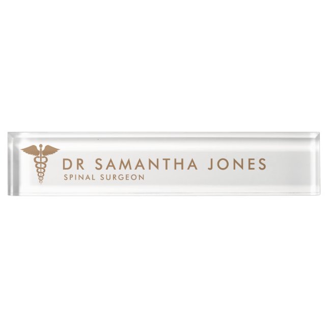 Minimalist Modern Medical career caduceus Gold Desk Name Plate (Front)