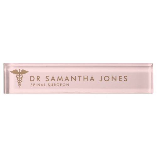 Minimalist Modern Medical career caduceus Pink Desk Name Plate