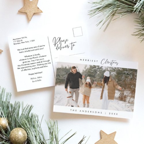 Minimalist Modern Merriest Christmas Family Photo Holiday Postcard