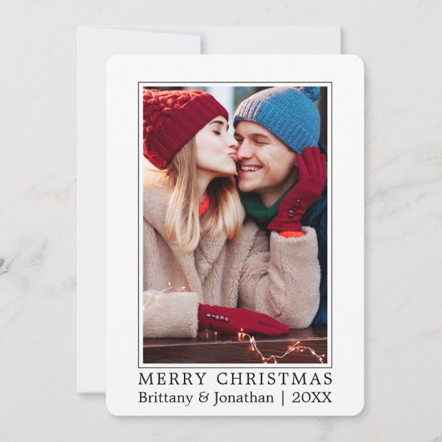 Minimalist Modern Merry Christmas Couple Photo Holiday Card (Front)